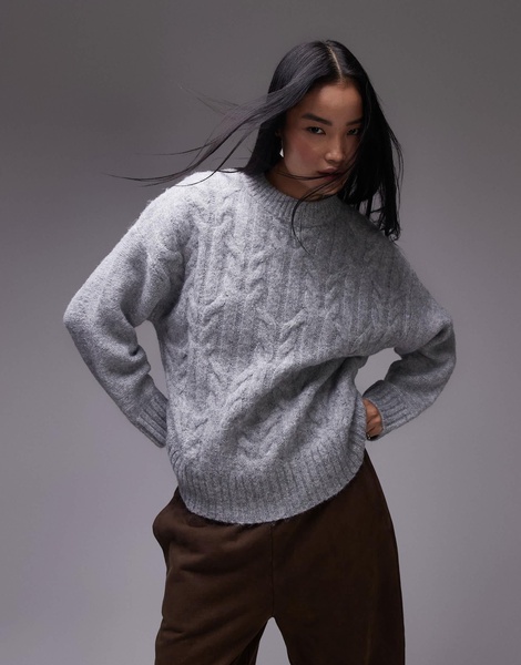 Topshop knitted fluffy oversized cable sweater in gray