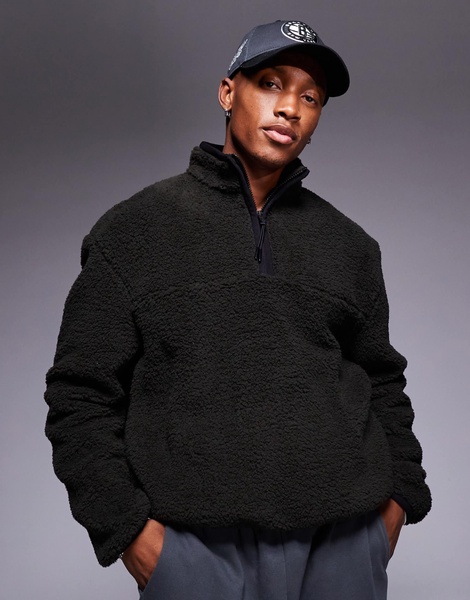 ASOS DESIGN boxy oversized quarter zip borg sweatshirt in khaki