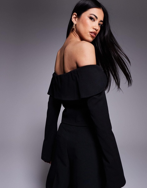 ASOS DESIGN fold over structured bardot top with hook and eye front in black