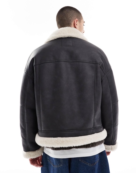 Bershka faux leather aviator jacket in black