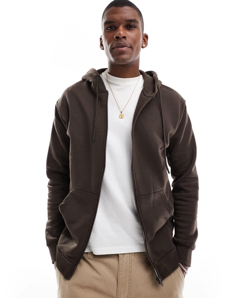 Jack & Jones oversized zip through hoodie in chocolate brown