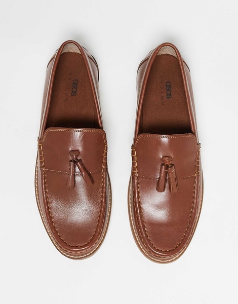 ASOS DESIGN tassel loafers in tan leather with natural sole
