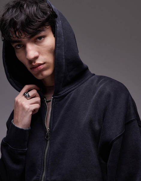 Topman premium heavyweight oversized fit acid wash zip up hoodie in washed black