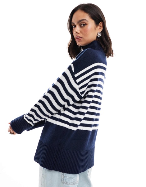 ASOS DESIGN knitted high neck sweater with turn back cuffs in navy stripe