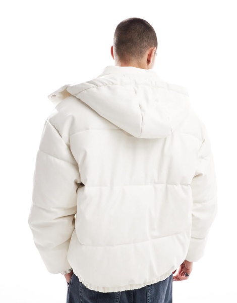Bershka detachable hooded faux leather puffer in white