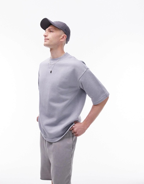 Topman oversized fit short sleeve sweatshirt in washed light gray