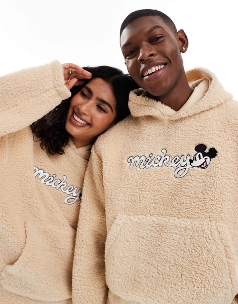 ASOS DESIGN Disney unisex boxy oversized borg hoodie with mickey face embroidery in beige