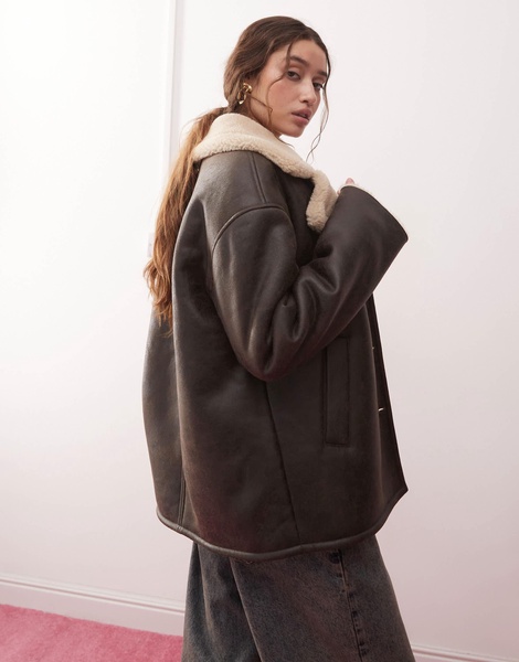 Miss Selfridge contrast borg faux leather jacket in brown