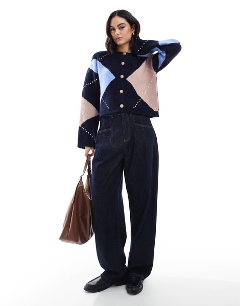 ASOS DESIGN knitted crew neck cardigan with gold button in navy argyle pattern