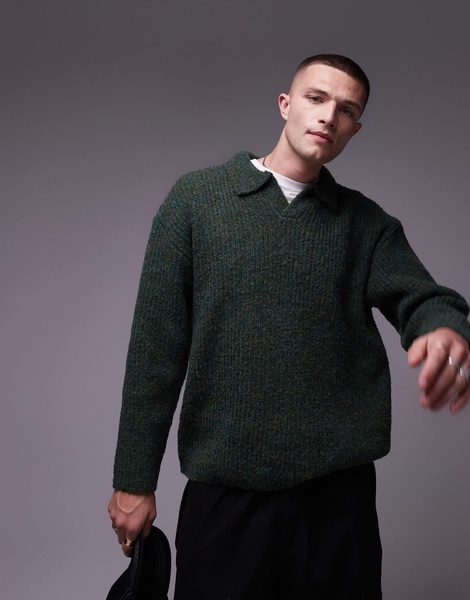 Topman relaxed open collar sweater in khaki