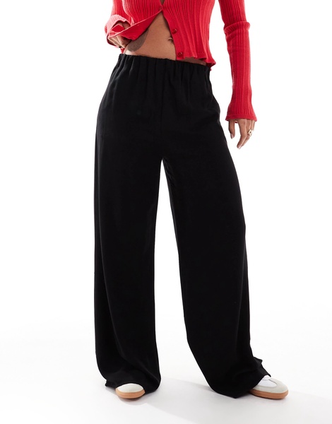 Bershka drawstring waist wide leg pants in black