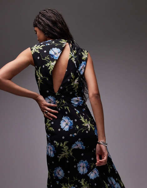 Topshop godet hem boutique occasion midi dress in black based winding floral