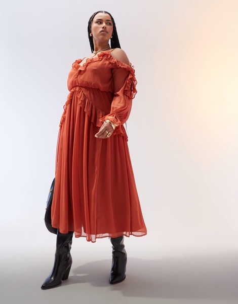 ASOS DESIGN Curve ruffle off shoulder midi dress in rust