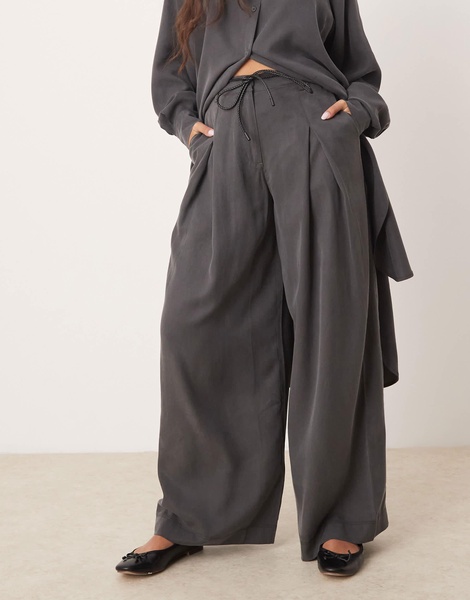 ASOS DESIGN pleated wide leg pants with tie in gray - part of a set