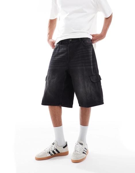 Bershka denim cargo shorts in black