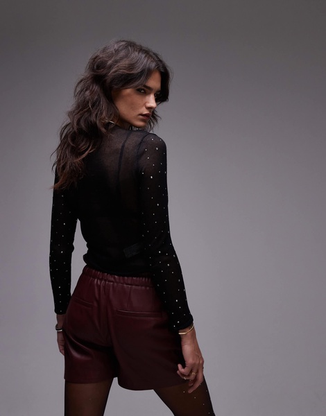 Mango embellished mesh long sleeve top in black