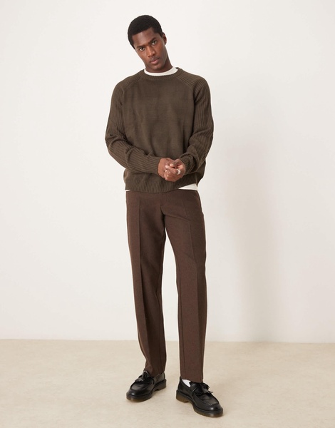 ASOS DESIGN oversized boxy fit knit crew neck sweater with ribbed sleeves in brown
