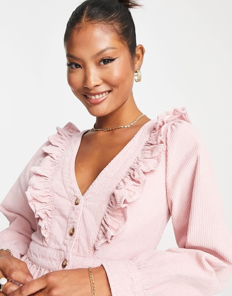 Miss Selfridge petite ruffle yolk corduroy dress in pink