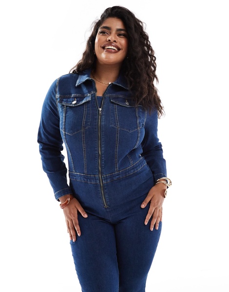 ASOS DESIGN Curve long sleeve stretch 70's jumpsuit in dark blue