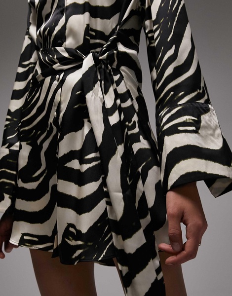Topshop satin tie belt kimono sleeve mini in mono zebra