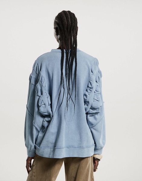 ASOS DESIGN ruched sleeve sweatshirt in washed blue