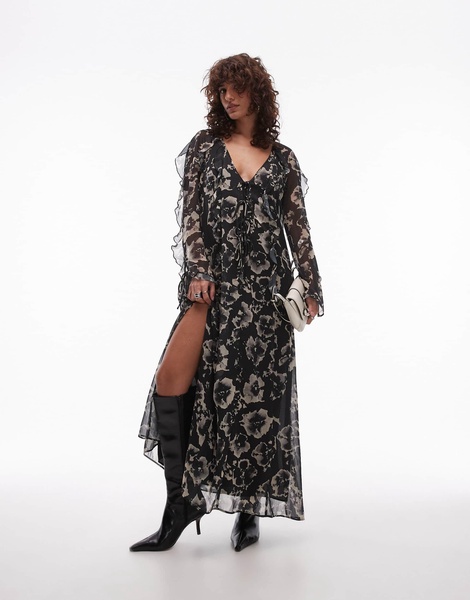 Topshop long sleeve ruffle midi dress in mono floral