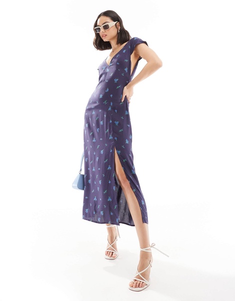 ASOS DESIGN v neck flutter sleeve midi tea dress in navy ditsy floral print