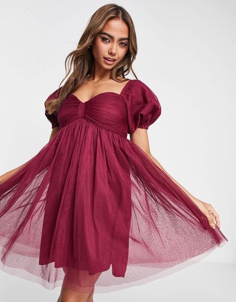 Anaya With Love mini puff sleeve dress in red plum - RED