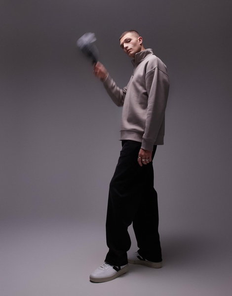 Topman premium heavyweight oversized quarter zip sweatshirt in stone