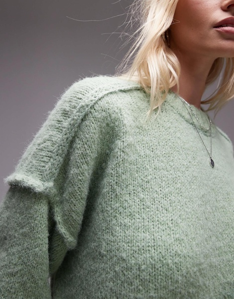 Topshop knit fluffy ribbed detail exposed seam crew oversized sweater in light green