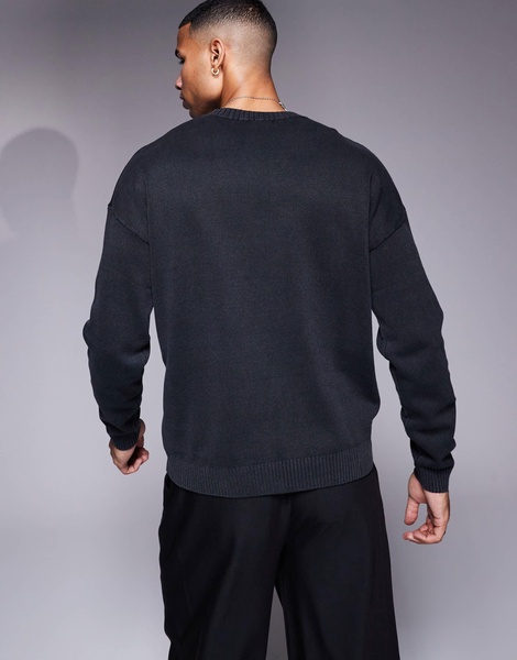 ASOS DESIGN washed relaxed knit crew neck sweater in black