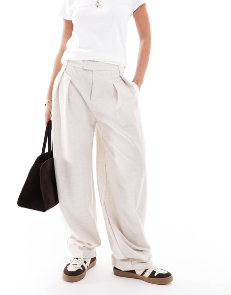 Bershka wide leg pleated front tailored pants in ecru