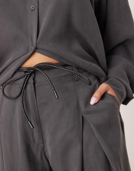 ASOS DESIGN pleated wide leg pants with tie in gray - part of a set