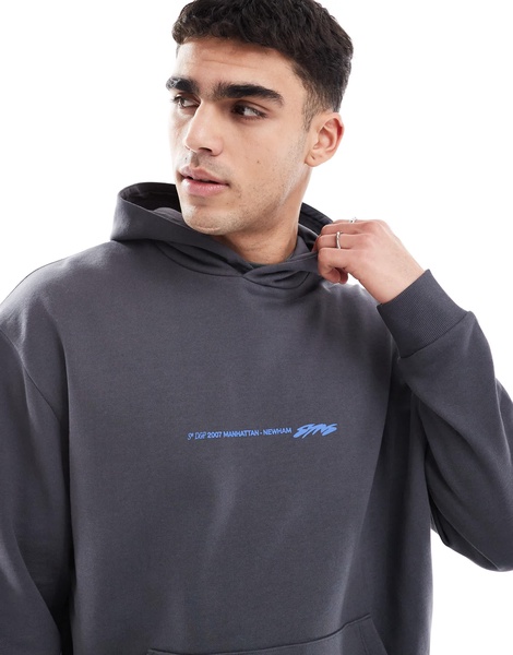 ASOS DESIGN oversized hoodie with front and back text print in charcoal