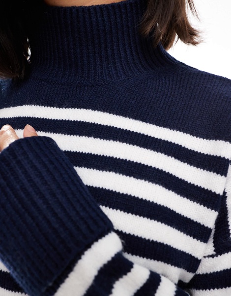 ASOS DESIGN knitted high neck sweater with turn back cuffs in navy stripe