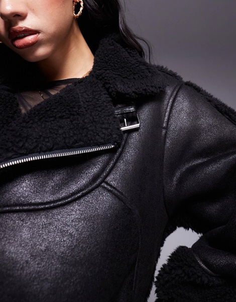Aria Cove oversized faux shearling deep cuff jacket in black