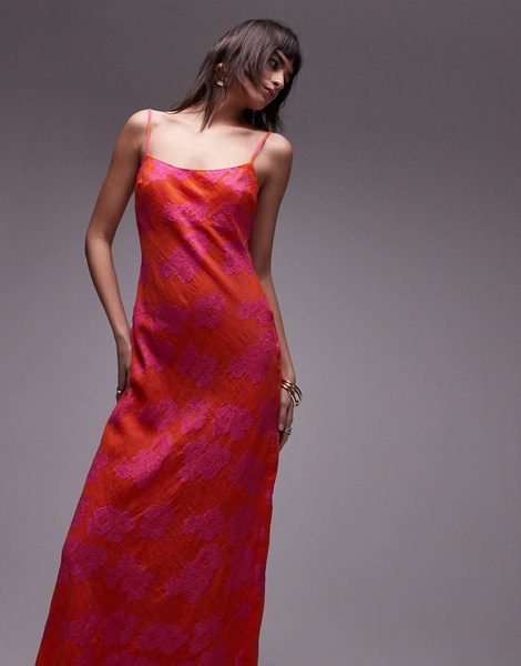 Topshop premium jacquard midi slip dress in pink and orange