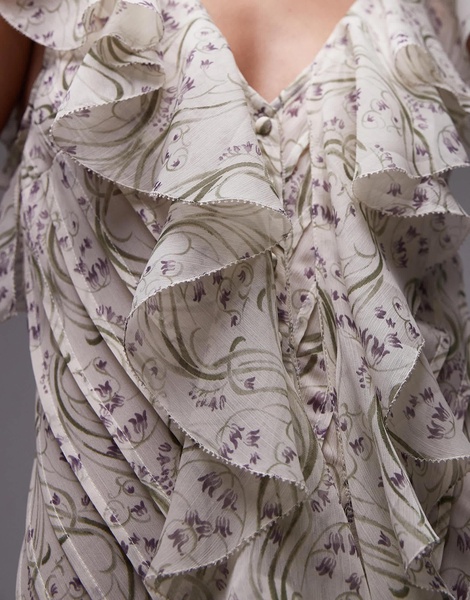 Topshop premium ruffle pintuck gown in soft gray floral