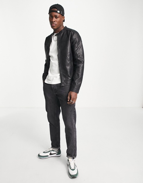 Jack & Jones Essentials faux leather biker jacket in black