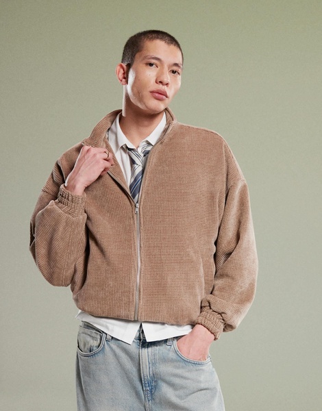 ASOS DESIGN oversized waffle funnel neck jacket in brown
