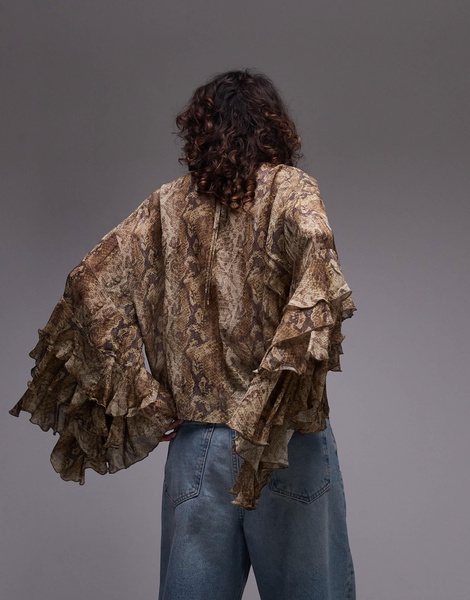 Mango snake print ruffle sleeve blouse in brown