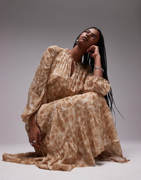 & Other Stories drapey midaxi dress with ruche tie volume sleeves in soft abstract print