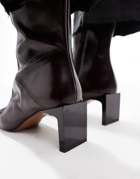 ASOS DESIGN Raine premium square toe mid-heel boots in burgundy leather