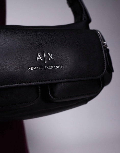 Armani Exchange logo shoulder bag with pocket details in black