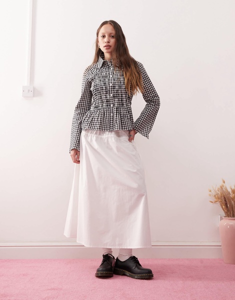 Reclaimed Vintage ruched cinched shirt in black and white gingham