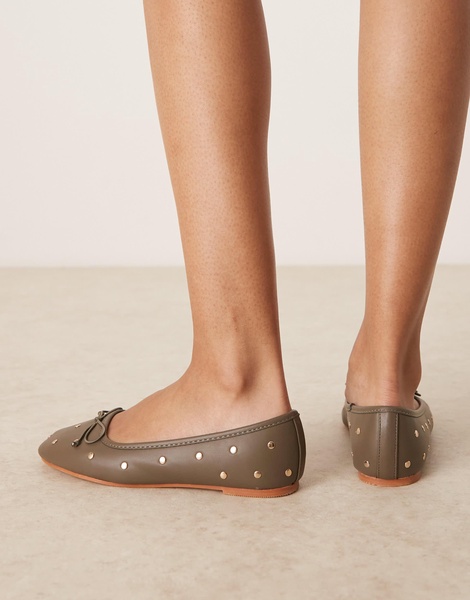 ASOS DESIGN Lynette high vamp studded ballet flats in khaki
