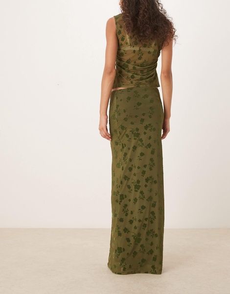 ASOS DESIGN sheer floral flock maxi skirt in olive - part of a set