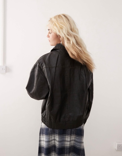 COLLUSION distressed faux leather jacket in brown