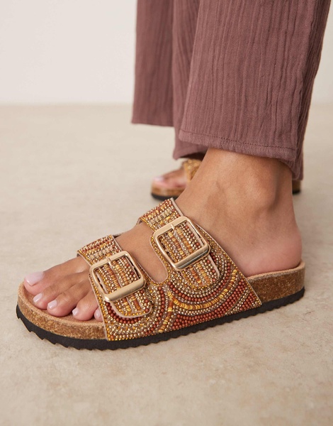 ASOS DESIGN Wide Fit Funky beaded double strap flat mules in amber