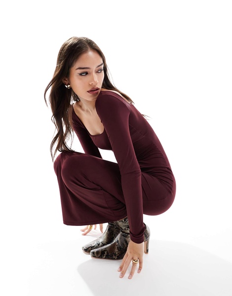 Bershka long sleeve square neck bodycon midaxi dress in burgundy